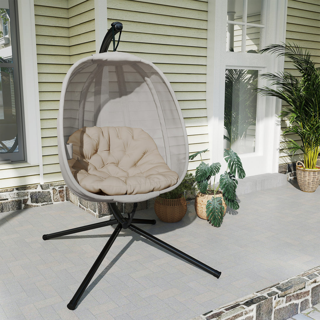 Hanging Egg Chair, Folding Texteline Swing Hammock with Side Pocket, Cushion and Stand for Indoor Outdoor, Patio Garden Furniture, Khaki
