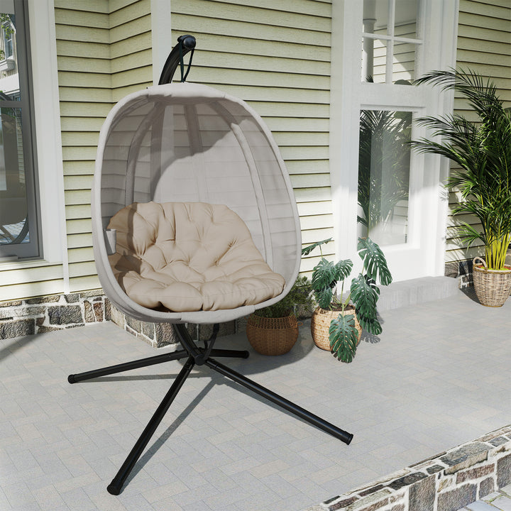 MCL Hanging Egg Chair, Folding Texteline Swing Hammock with Side Pocket, Cushion and Stand for Indoor Outdoor, Patio Garden Furniture, Khaki