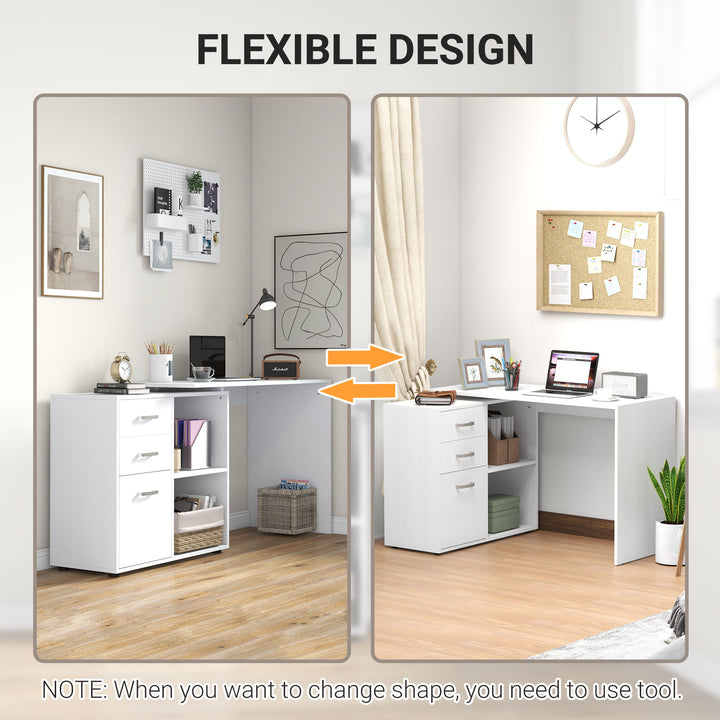 L Shaped Computer Desk, Reversible Home Office Desk with Drawers, File Cabinet and Storage Shelves, Study Table, 117 x 83.5 x 76cm, White
