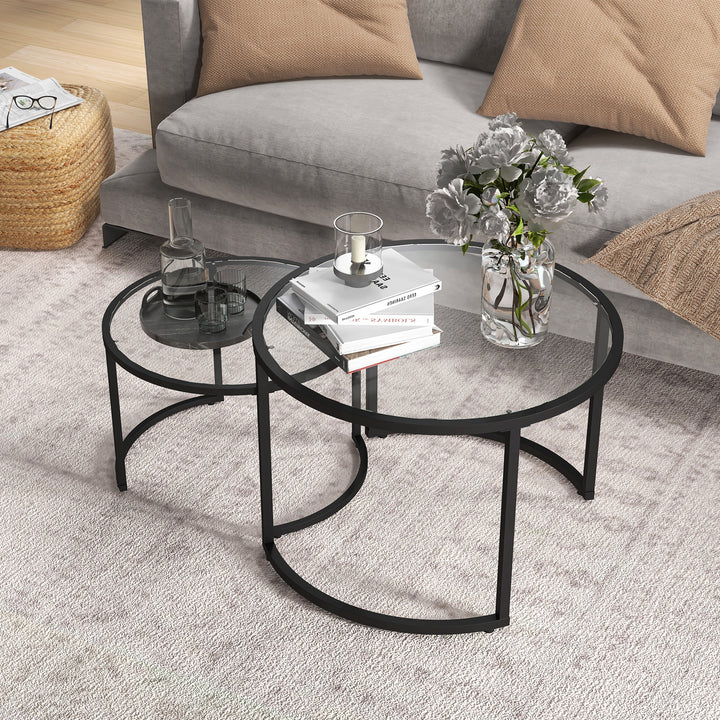 HOMCOM Glass Coffee Table Set of 2, Round Nest of Tables w/ Tempered Glass Tabletop, Steel Frame, Modern Side Tables for Living Room, Black | Aosom UK