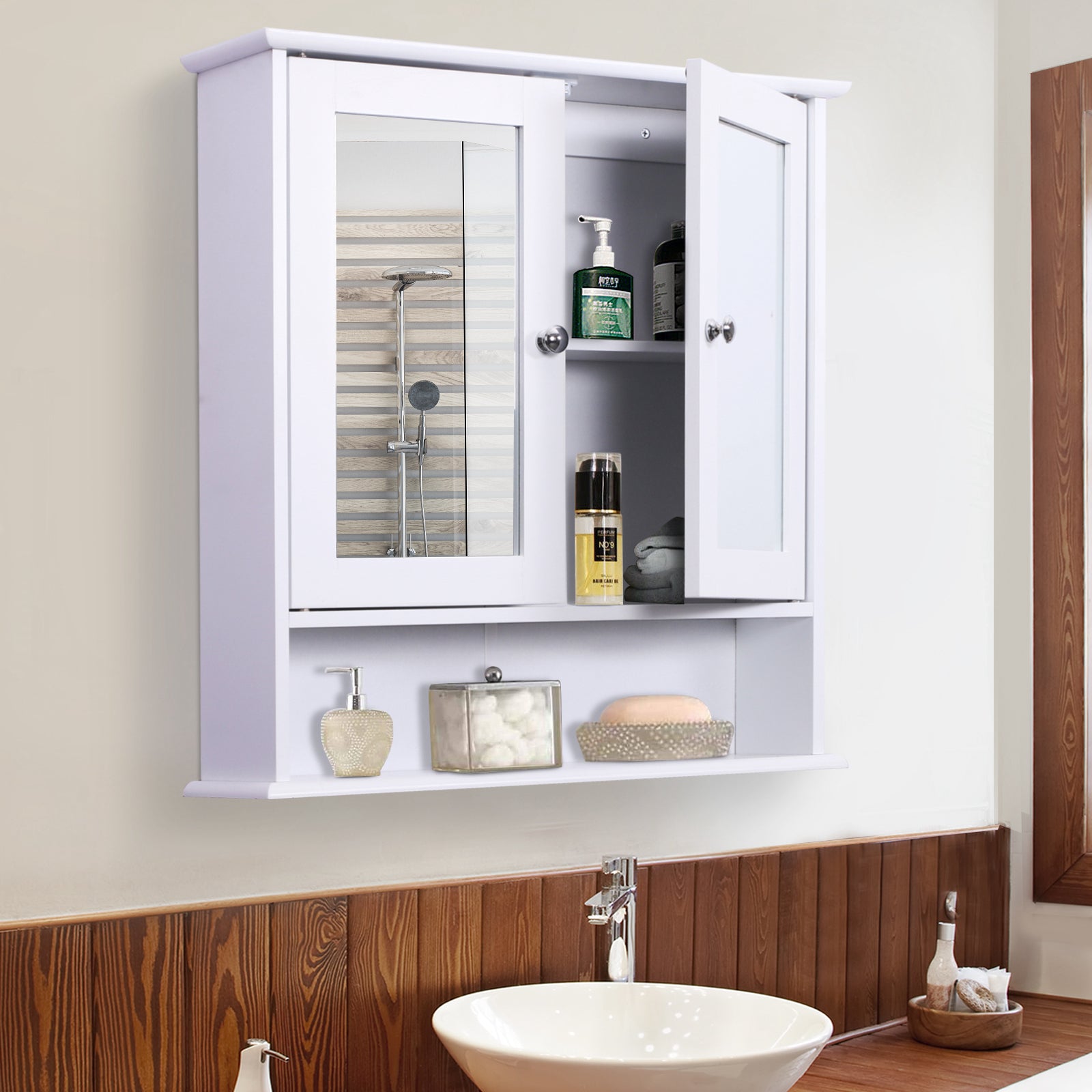 Wall-mounted Bathroom Cabinet Mirror Door Organiser Storage Shelves Living Room White