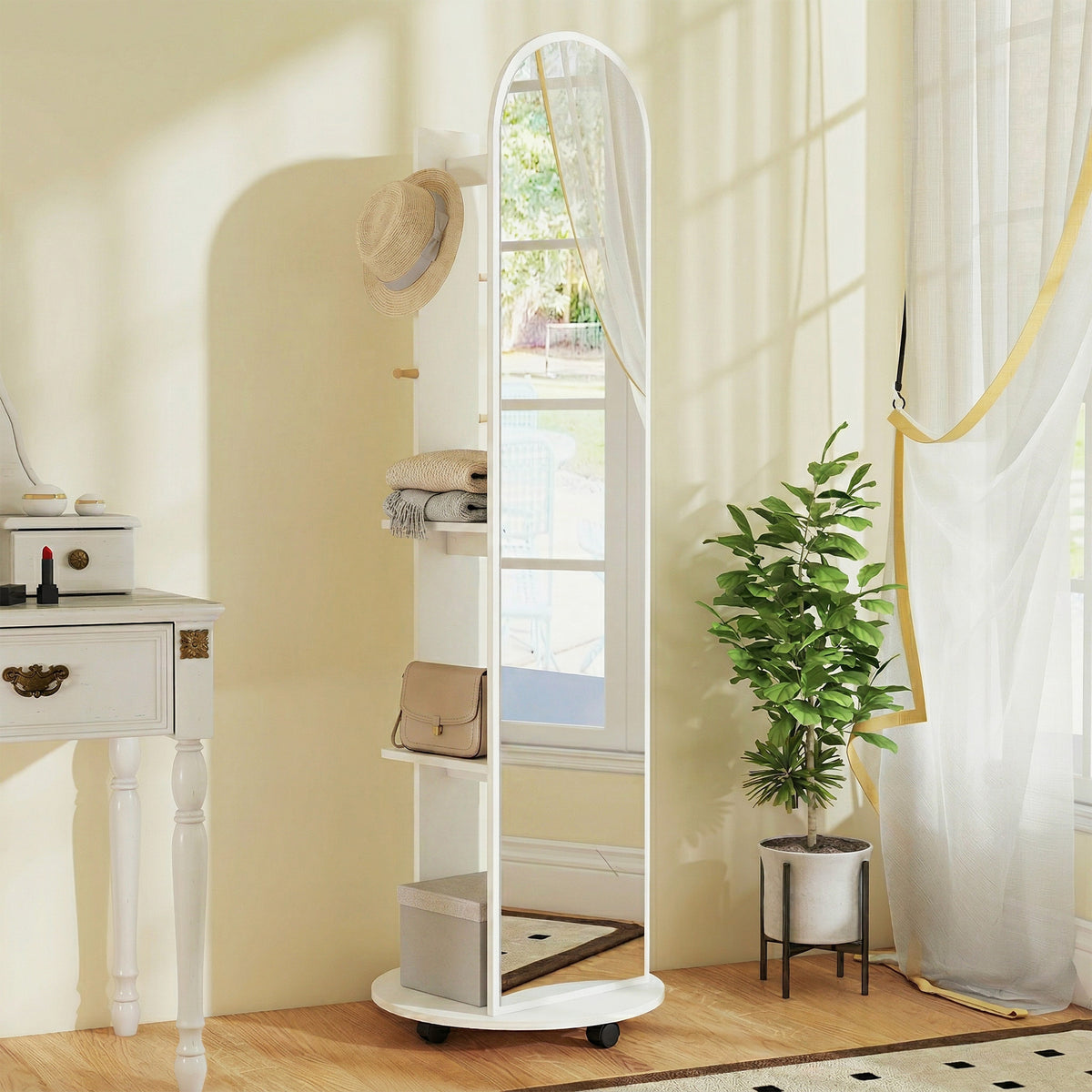 2-in-1 Full Length Mirror with Storage Shelves, Floor Mirror with 4 Wh