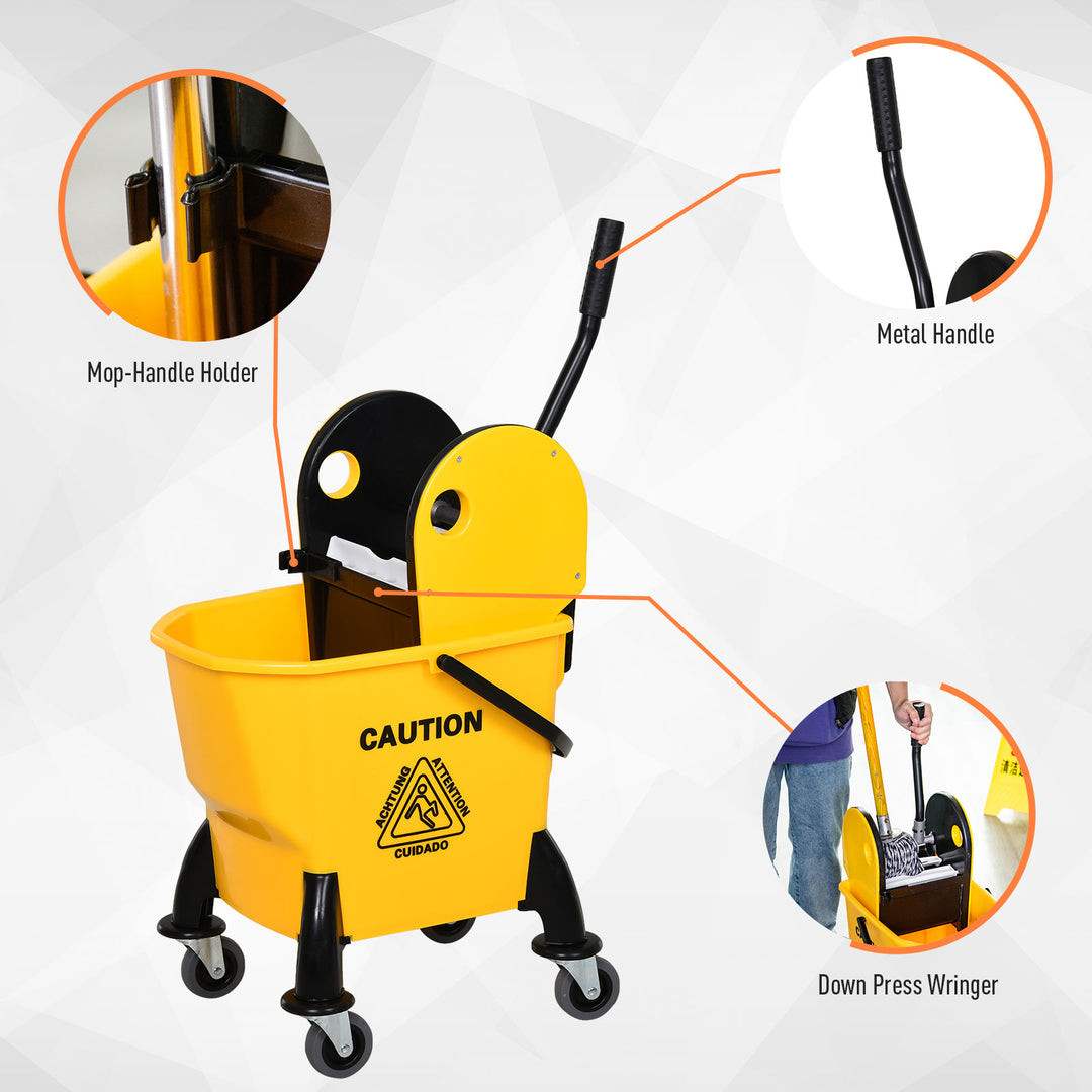 HOMCOM 26L Mop Bucket & Water Wringer w/ 4 Wheels Plastic Body Metal Handle Pole Holder Home Commercial Cleaning Floor Cart Yellow | Aosom UK