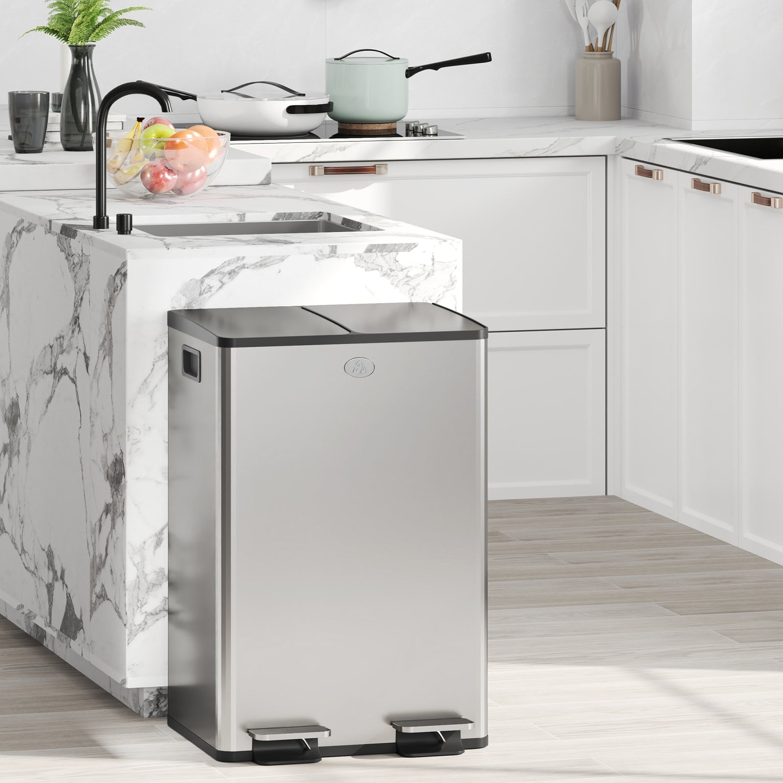56L Dual Compartment Stainless Steel Bin, with Deodoriser Holders - Si