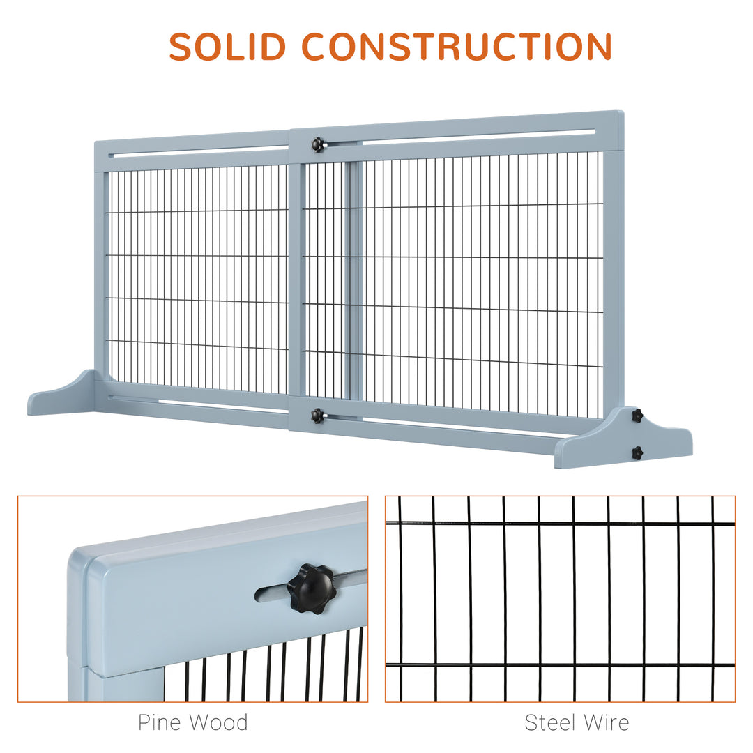 Freestanding Dog Gate, Foldable Pet Fence, Indoor Wood Barrier, Stair Gate with Support Feet, for Doorway, Hallway, Small and Medium Dogs, 69H x 104-183 cm, Blue-grey