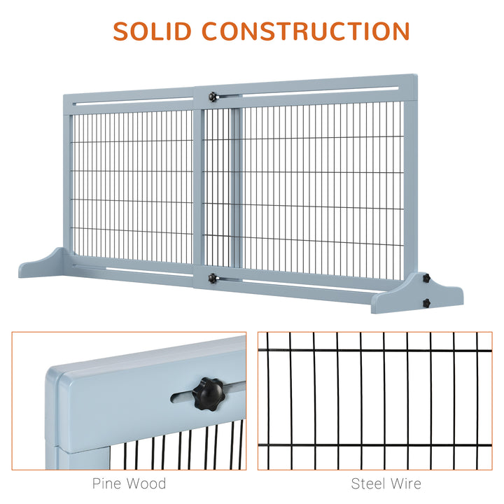 Freestanding Dog Gate, Foldable Pet Fence, Indoor Wood Barrier, Stair Gate with Support Feet, for Doorway, Hallway, Small and Medium Dogs, 69H x 104-183 cm, Blue-grey