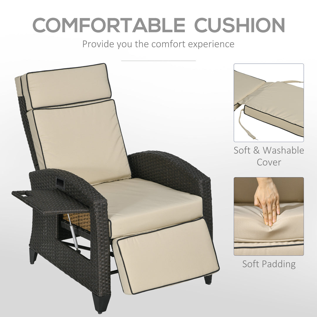Outdoor Recliner Chair with Adjustable Backrest and Footrest, Cushion, Side Tray, Khaki/Brown