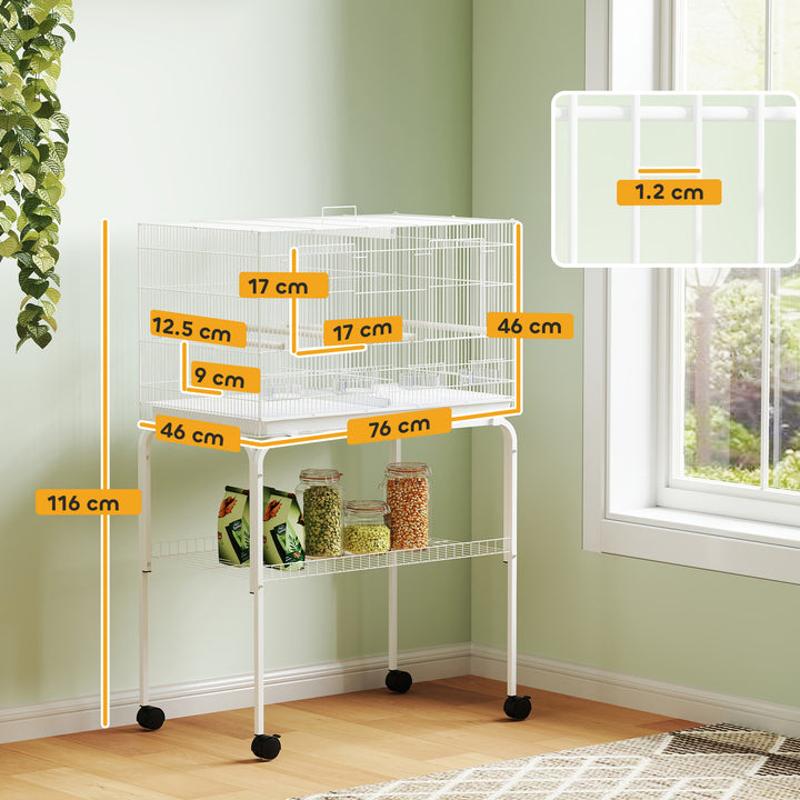 Bird Cage with Divider, 4 Wooden Perches, Slide Out Tray, 4 Feeders, for Budgie, Lovebird, Canary, 76 x 46 x 116cm White