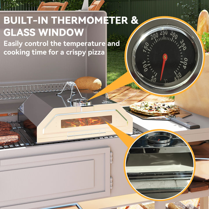 8 in Portable Stainless Steel BBQ Grill Top Pizza Oven with Built-in Thermometer and Viewing Window for Gas and Charcoal BBQ Grills, Includes Carry Handles, Pizza Stone and Peel, Silver Tone