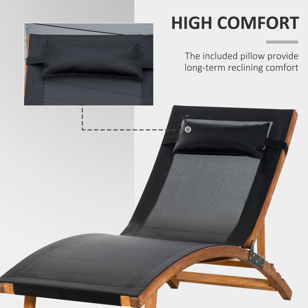 MCL Ergonomic Patio Lounge Chair Wooden Outdoor Chaise w/ 3 Adjustable Back and Removable Headrest Pillow for Garden Black