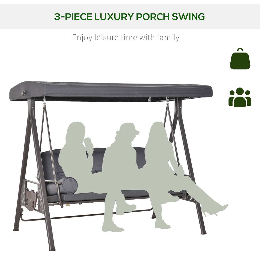 3 Seater Garden Swing Chair Outdoor Hammock Bench w/ Adjustable Canopy, Cushions and Cup Trays, Brown Steel Frame, Dark Grey Fabric