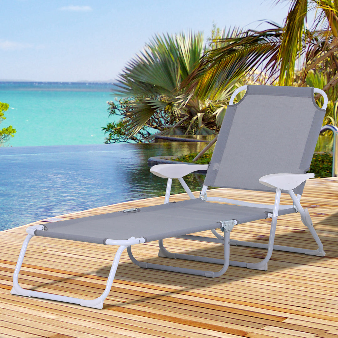 Foldable Sun Lounger, Outdoor 4 Level Adjustable Backrest Reclining Lounge Chair with Armrests for Patio, Garden, Grey