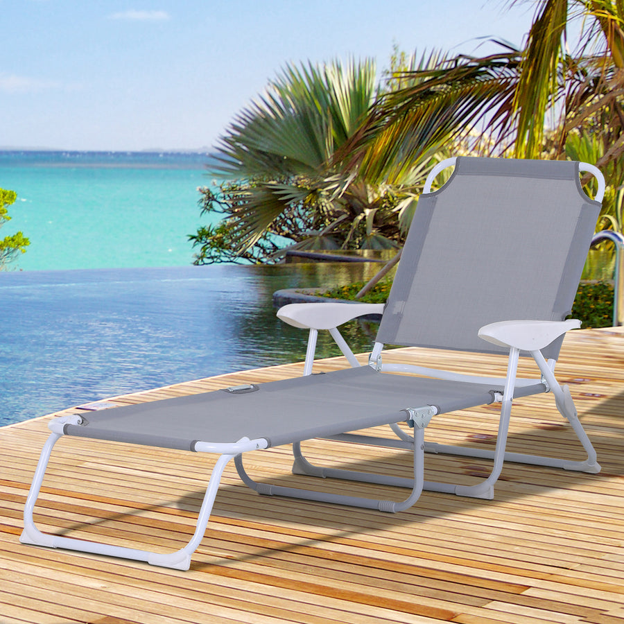 Foldable Sun Lounger, Outdoor 4 Level Adjustable Backrest Reclining Lounge Chair with Armrests for Patio, Garden, Grey