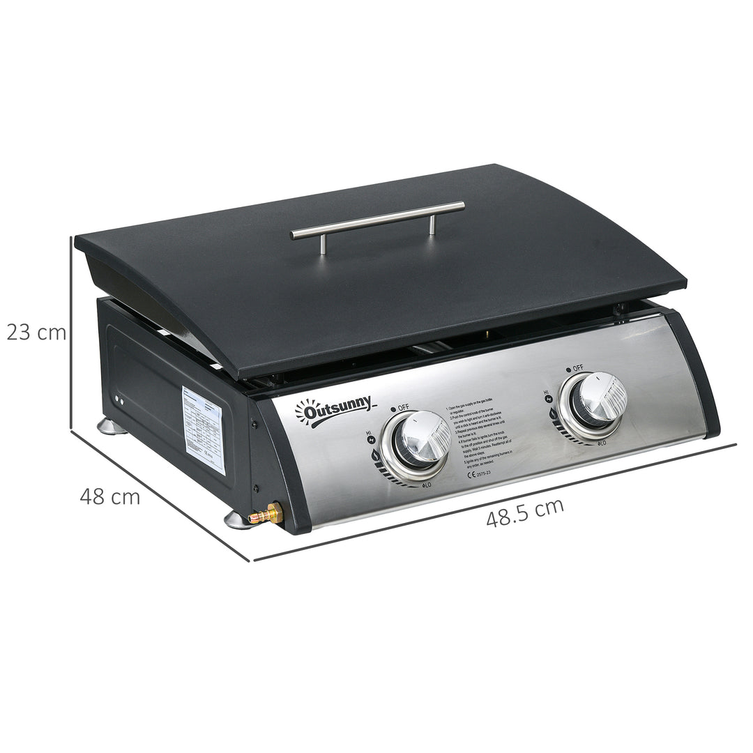 Portable Tabletop Gas Plancha Grill w/ 2 Stainless Steel Burner, 10kW, Non-Stick Griddle for BBQ Camping Picnic Party