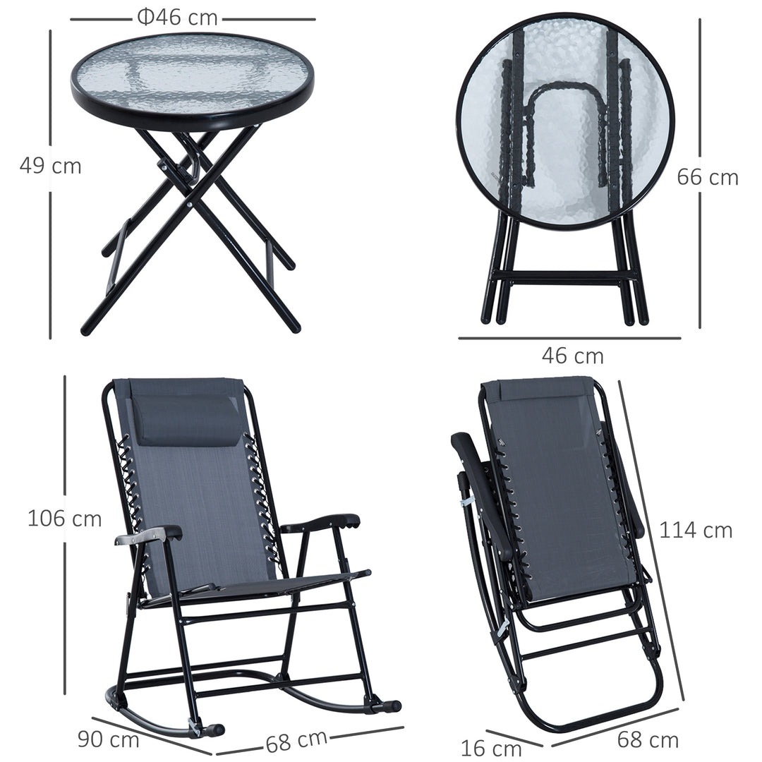 3 Piece Outdoor Rocking Set with 2 Folding Chairs and 1 Tempered Glass Table, Patio Bistro Set for Garden, Deck, Grey