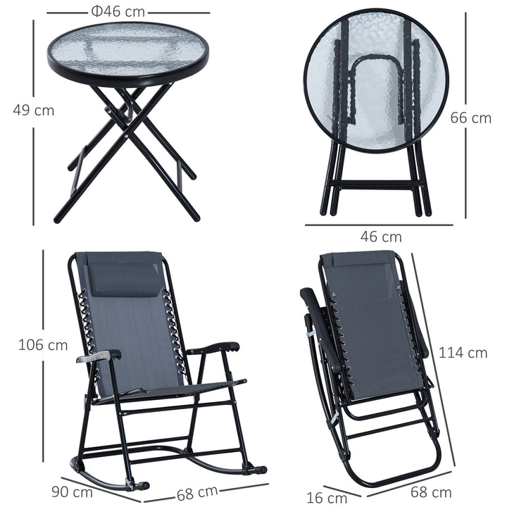 3 Piece Outdoor Rocking Set with 2 Folding Chairs and 1 Tempered Glass Table, Patio Bistro Set for Garden, Deck, Grey