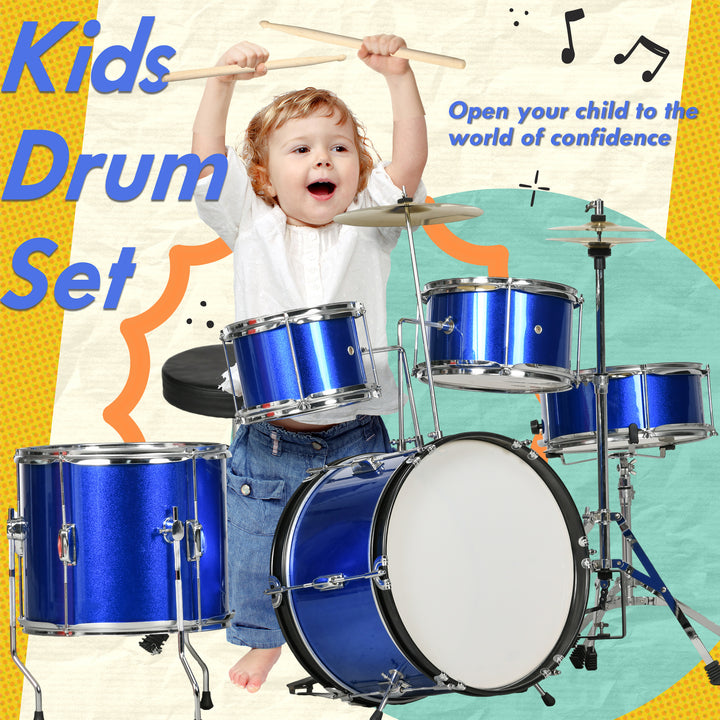 AIYAPLAY 11 Piece Kids Drum Kit w/ Stool, Drumsticks, Pedal, Cymbals, for 3-6 Years, Blue