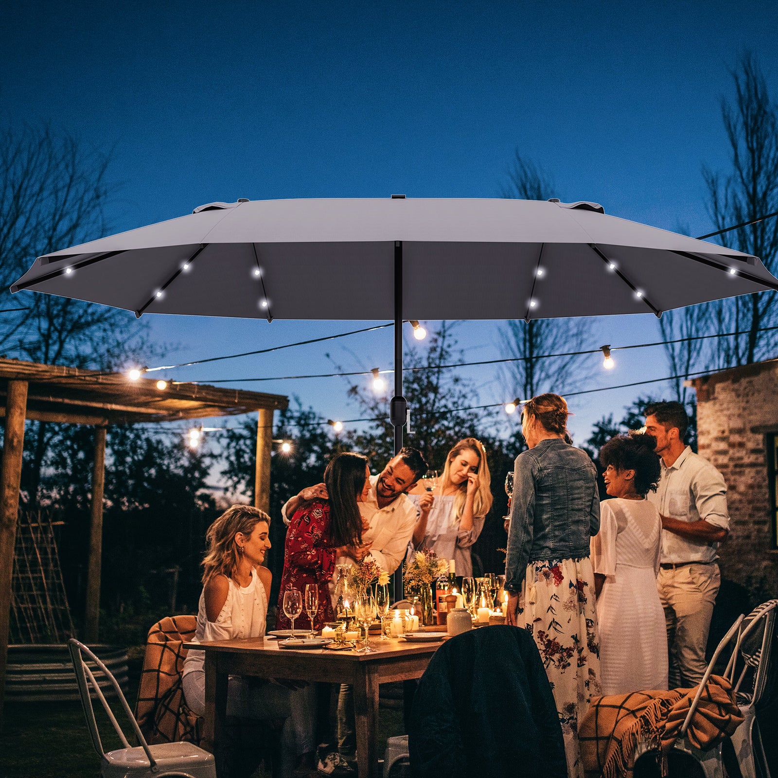 4.4m Double-Sided Sun Umbrella Patio Parasol LED Solar Lights Dark Grey