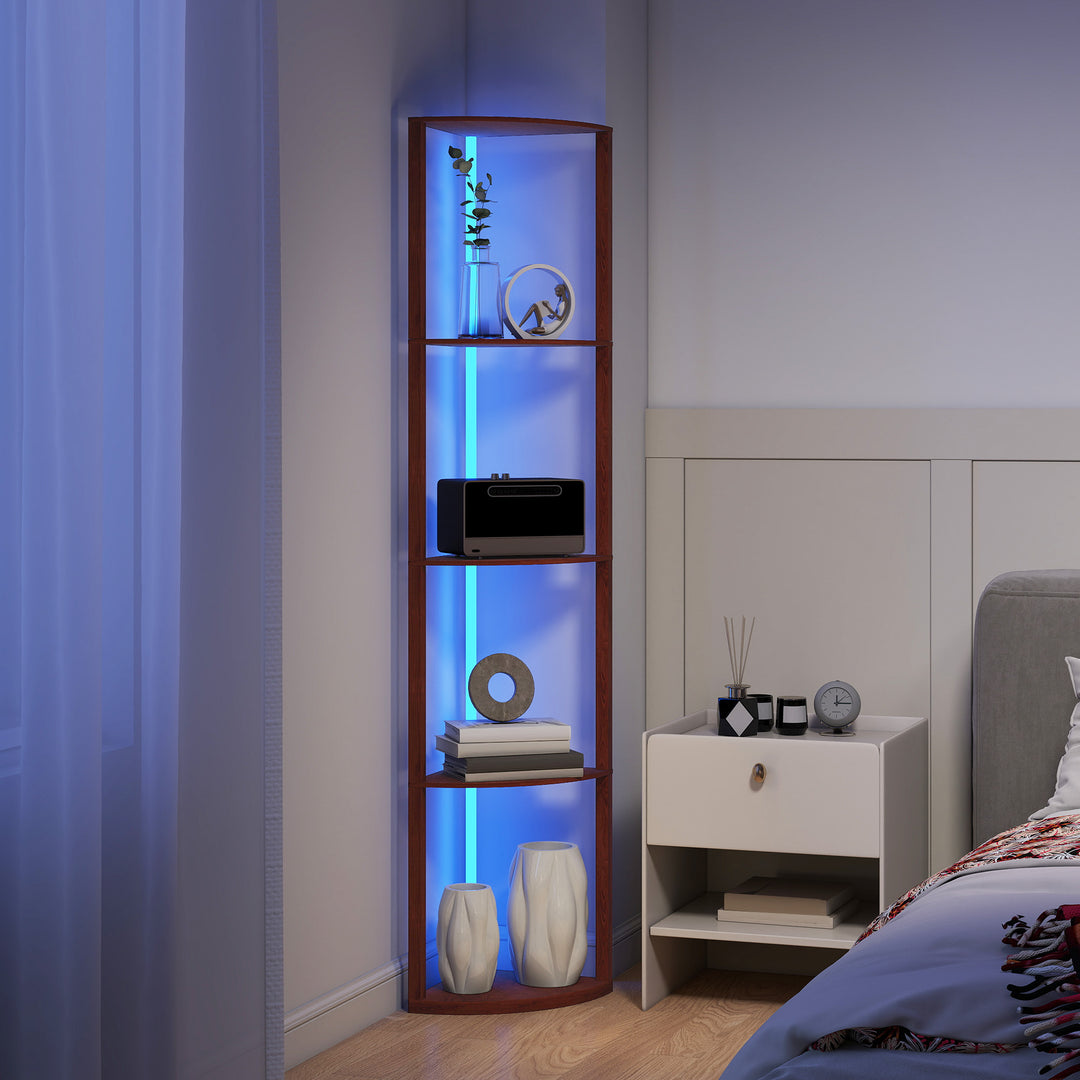 RGB LED Floor Lamp with Shelves, 5-Tier Dimmable Standing Lamp with Adjustable Brightness and Remote Control, Modern Corner Display Shelf Unit for Living Room Bedroom Office, Brown