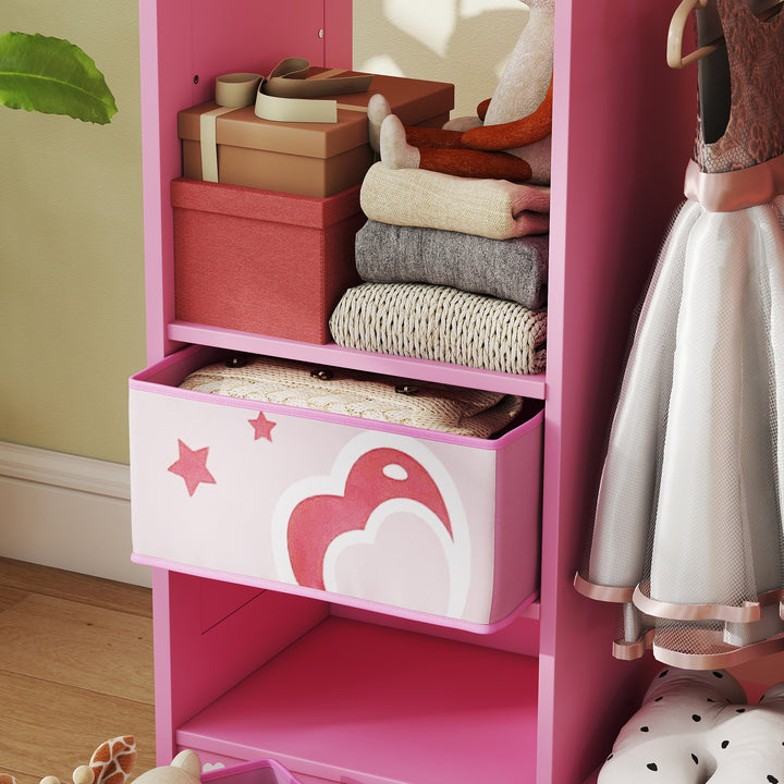 Kids Clothes Rail, Kids Wardrobe with Mirror, Shelves, Fabric Storage and Hooks for Bedroom, Nursery