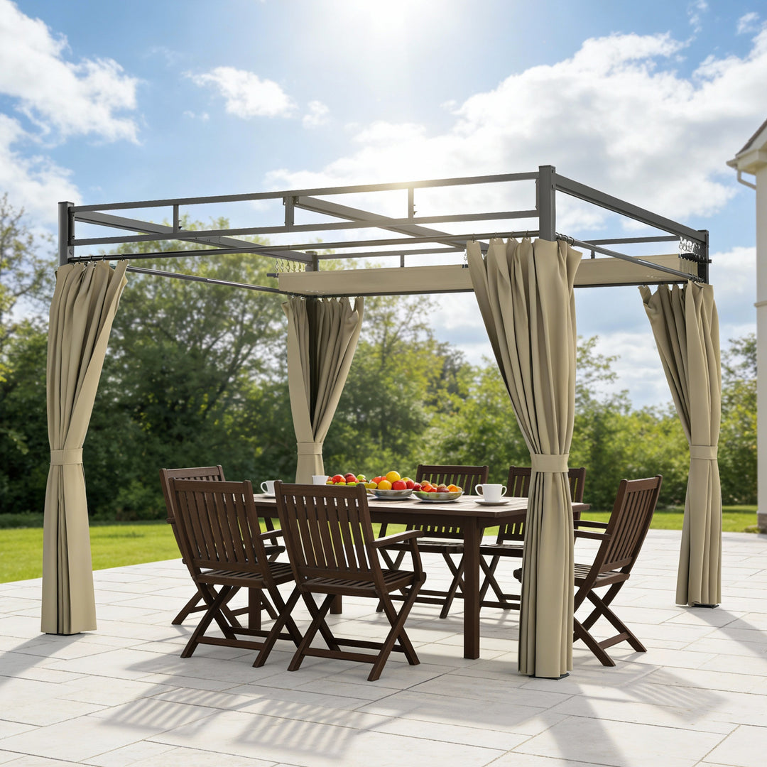3 x 3 m Pergola with Retractable Roof Canopy and Curtains, UPF30+ Metal Frame Garden Pergola Gazebo Sun Shade