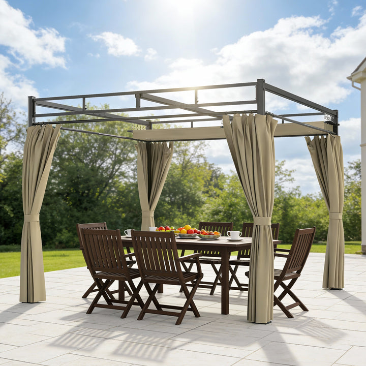 3 x 3 m Pergola with Retractable Roof Canopy and Curtains, UPF30+ Metal Frame Garden Pergola Gazebo Sun Shade