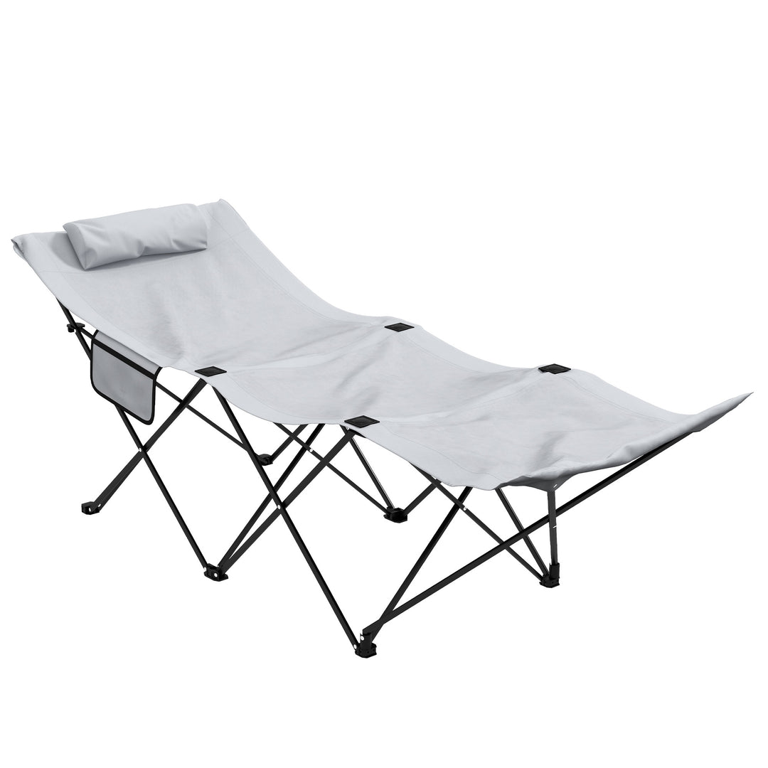 Camping Bed for Adults, Single Folding Camp Bed, Portable Camping Cot with Side Pocket, Headrest and Oxford Seat for Outdoor, Travel, Fishing, Light Grey
