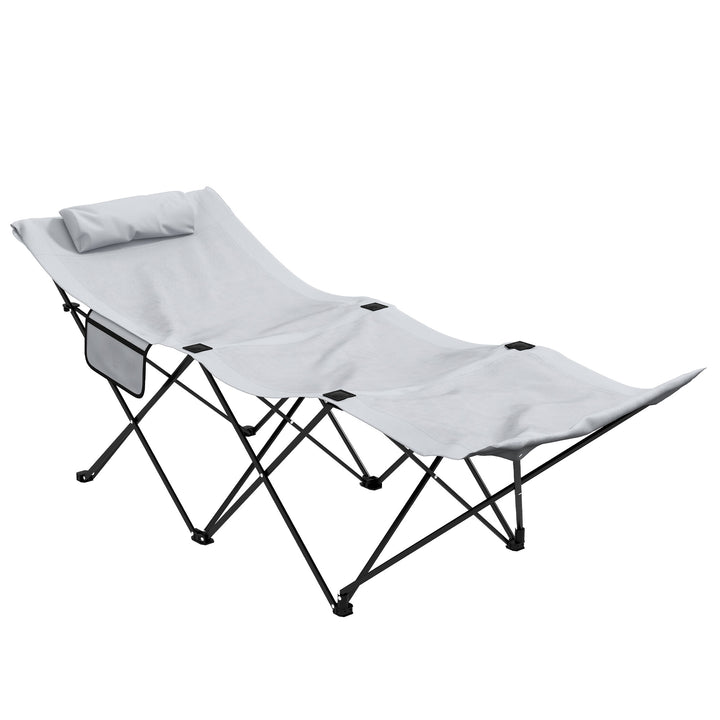 Camping Bed for Adults, Single Folding Camp Bed, Portable Camping Cot with Side Pocket, Headrest and Oxford Seat for Outdoor, Travel, Fishing, Light Grey