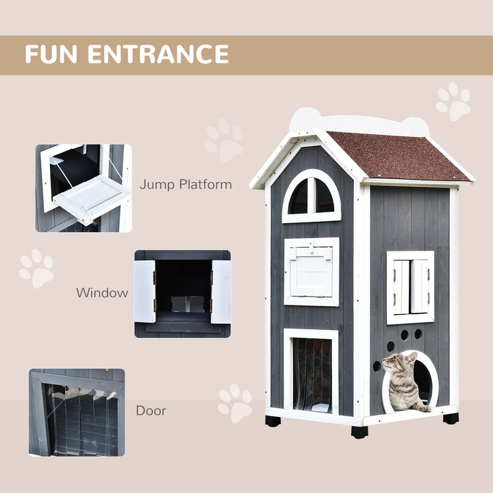 PawHut Wooden Cat House, Weatherproof Pet Shelter, Outdoor Cat Condos Cave, 2 Floor Furniture, Grey and White | Aosom UK