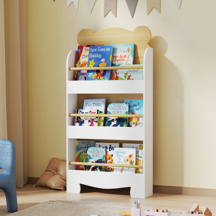 Kids Bookshelf, 3 Tier Children Bookcase, Bear Theme Toddler Space-Saving Bookcase for Living Room