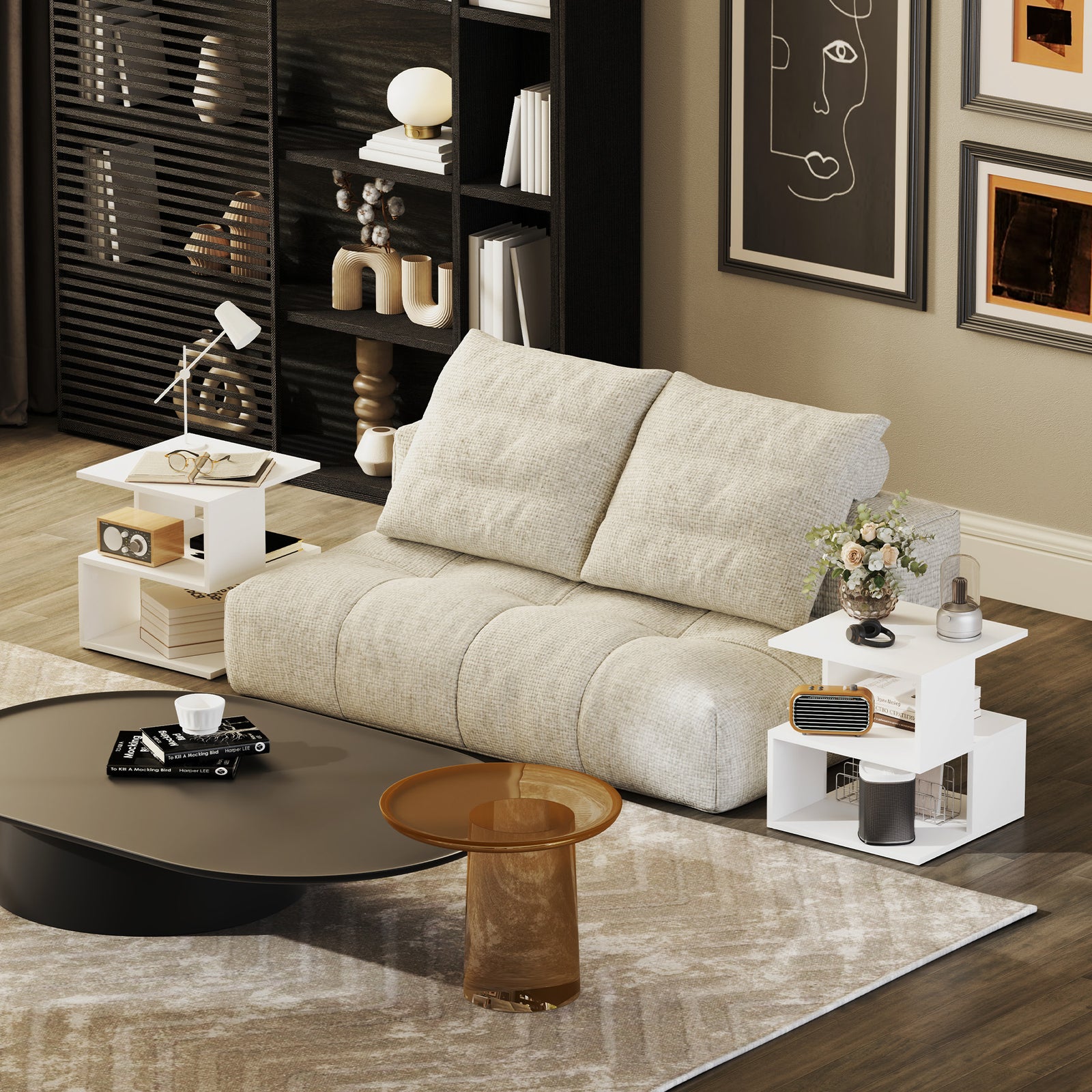 Set of 2 Side Table, Square Coffee Table, Modern End Table with 2 Tier Storage Shelves for Living Room, Bedroom, White
