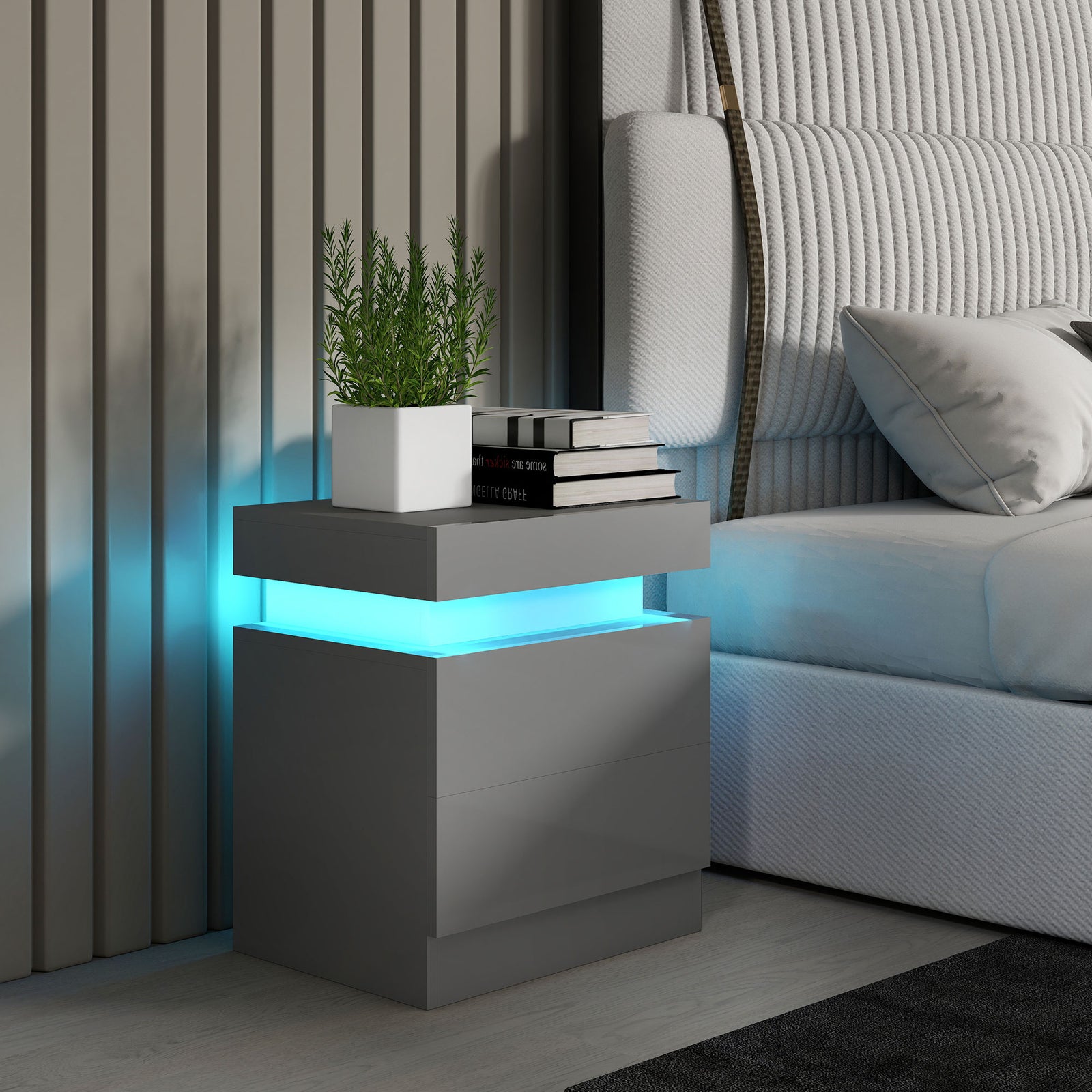 Grey Bedside Table with LED Light, High Gloss Front Nightstand with 2 