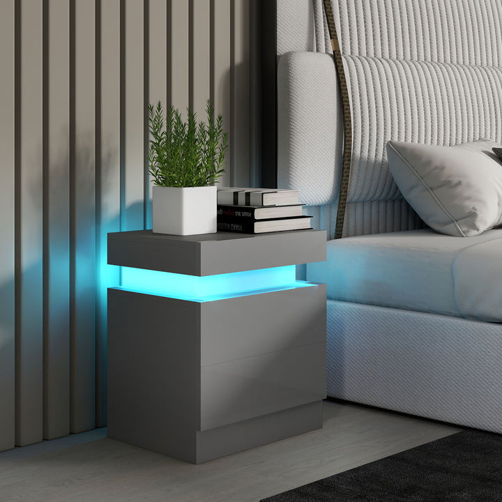 Grey Bedside Table with LED Light, High Gloss Front Nightstand with 2 