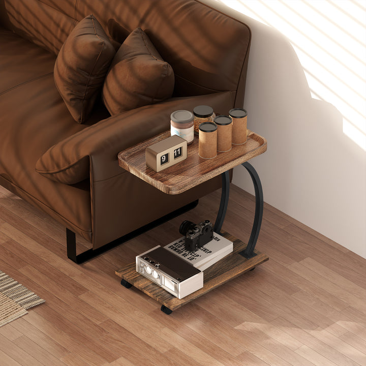2-Tier Mobile C-Shaped Side Table - Brown