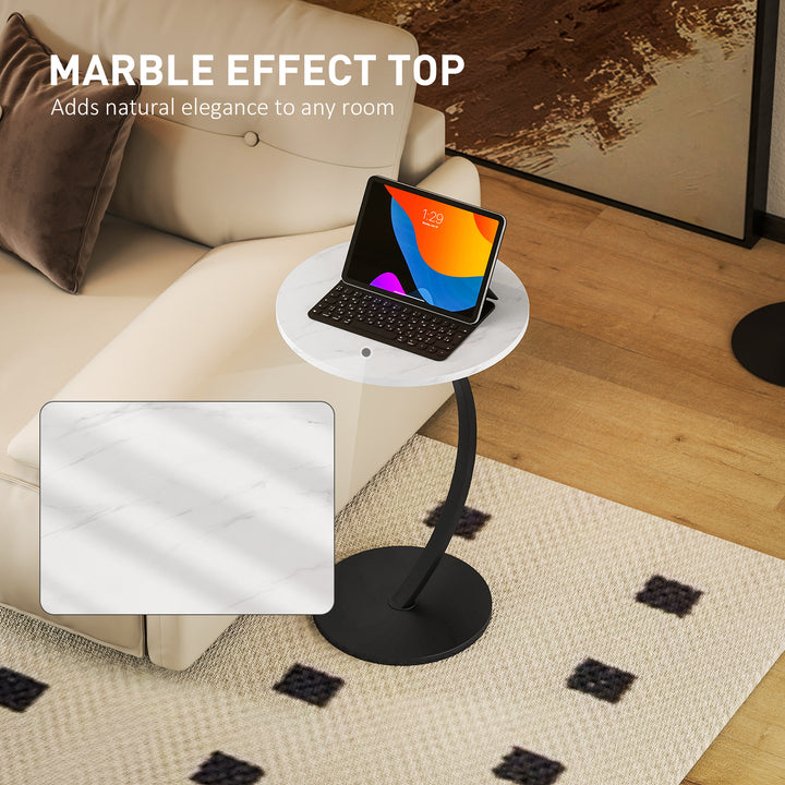 C Shaped Side Table, Round Bedside Table with Marble Effect Top, Modern Coffee Table Sofa End Table with Metal Frame for Living Room Bedroom Office, White