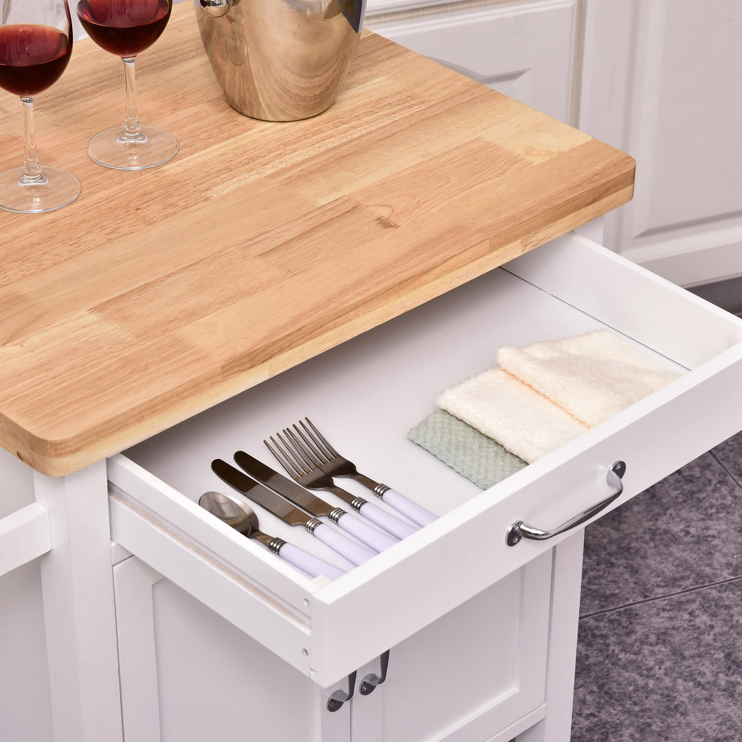 Kitchen Storage Trolley Cart Rolling Wheels Shelves Cupboard W/ Drawer And Towel Rail Rubber Wood Worktop White