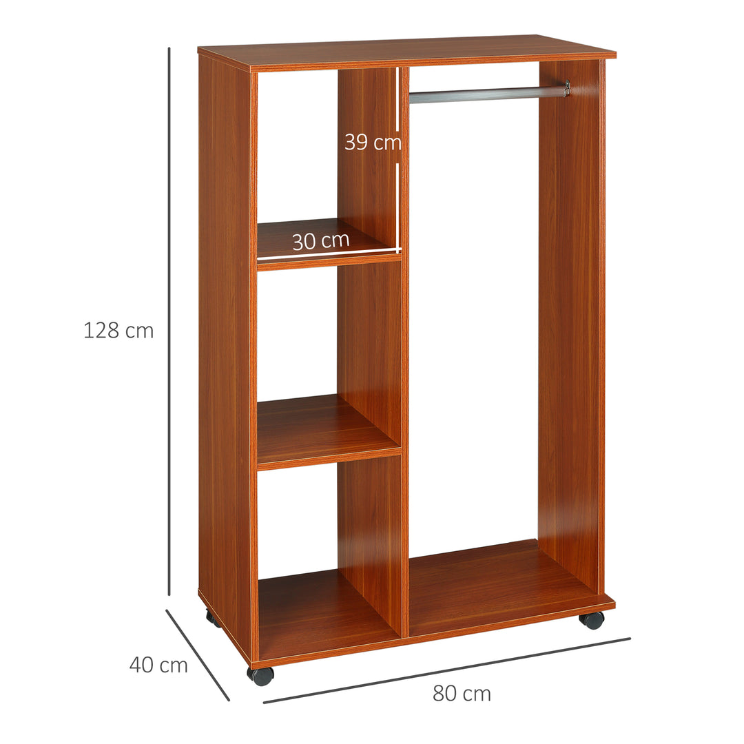 MCL Open Wardrobe on Wheels, Bedroom Wardrobe with Clothes Hanging Rail, 3 Storage Shelves, Mobile Garment Rack for Cloakroom, Hallway, Walnut