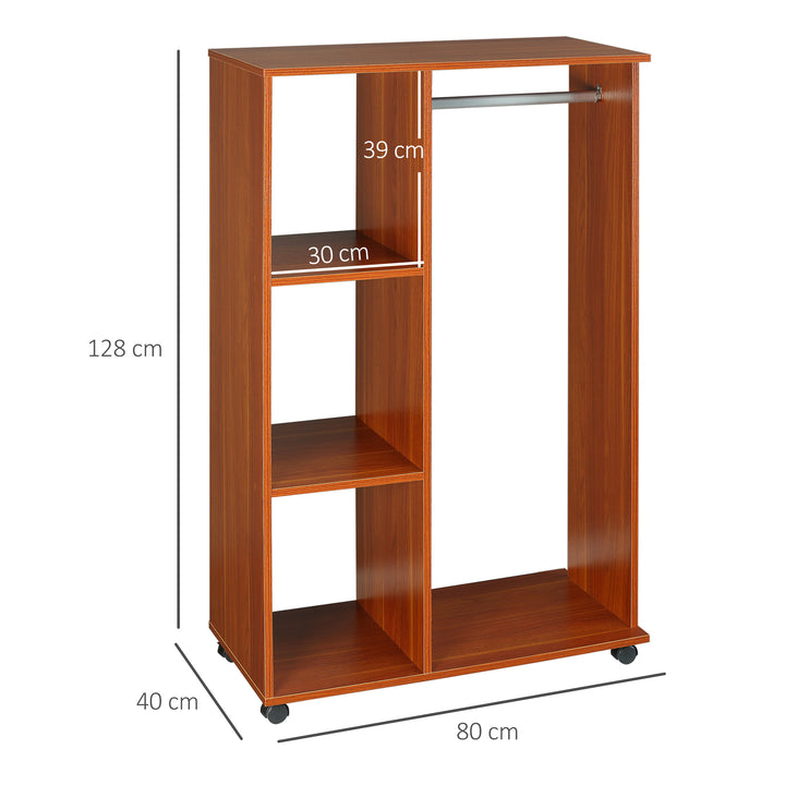 MCL Open Wardrobe on Wheels, Bedroom Wardrobe with Clothes Hanging Rail, 3 Storage Shelves, Mobile Garment Rack for Cloakroom, Hallway, Walnut
