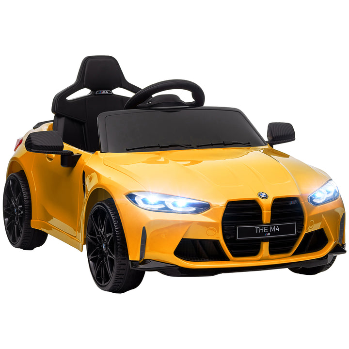 AIYAPLAY 12V BMW M4 Licensed Kids Car with Easy Transport, Remote Control, Suspension, Music, Horn, LED Lights - Yellow