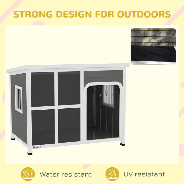 Wooden Outdoor Dog House, with Asphalt Openable Top, Removable Floor, Clear Front Panel, Curtain, 103 x 77 x 83cm