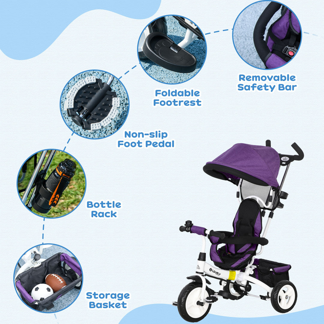 HOMCOM 4 in 1 Kids Trike Push Bike w/ Push Handle, Canopy, 5-point Safety Belt, Storage, Footrest, Brake, for 1-5 Years, Purple | Aosom UK