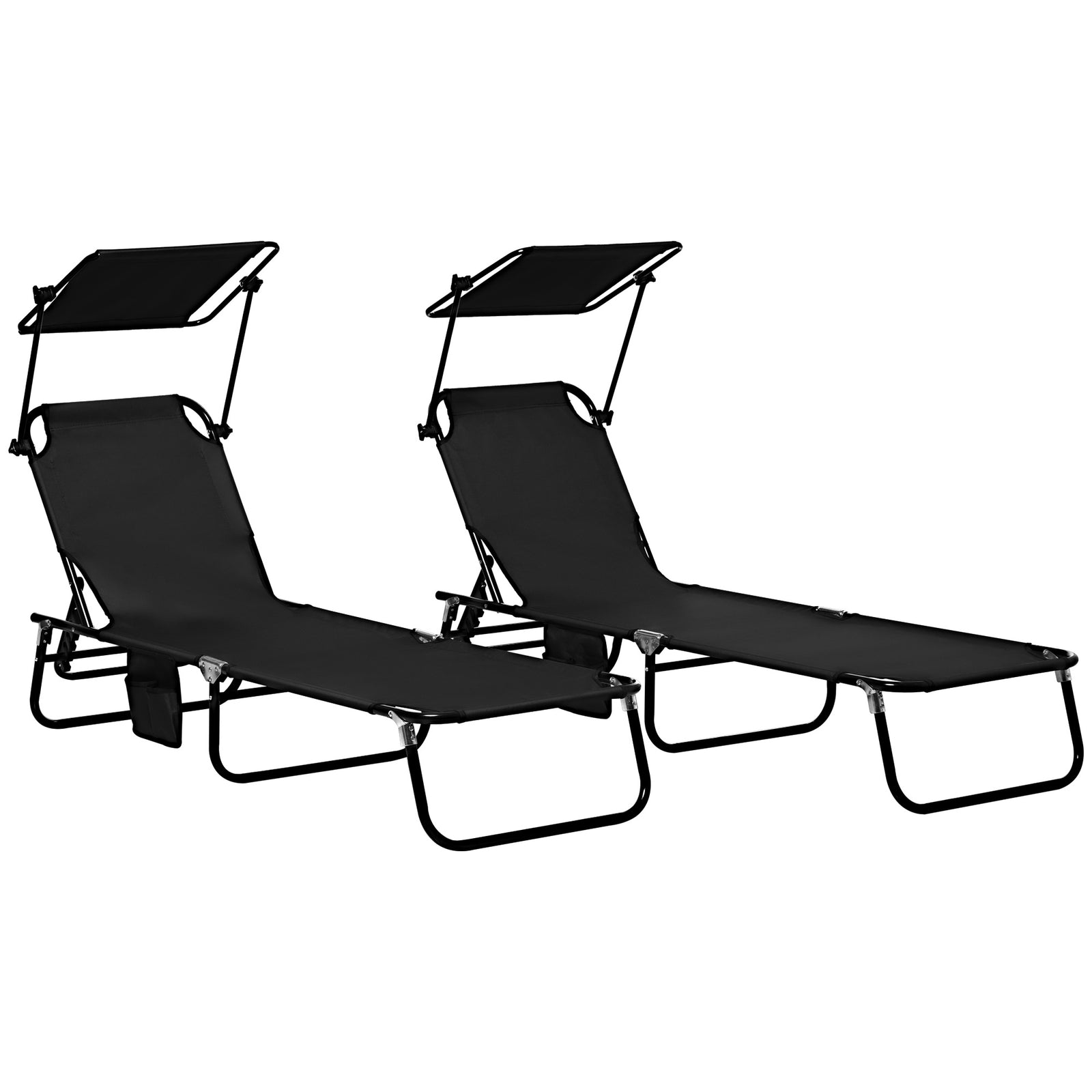 Set of Two Folding Sun Loungers, with Adjustable Backs and Sun Canopies - Black