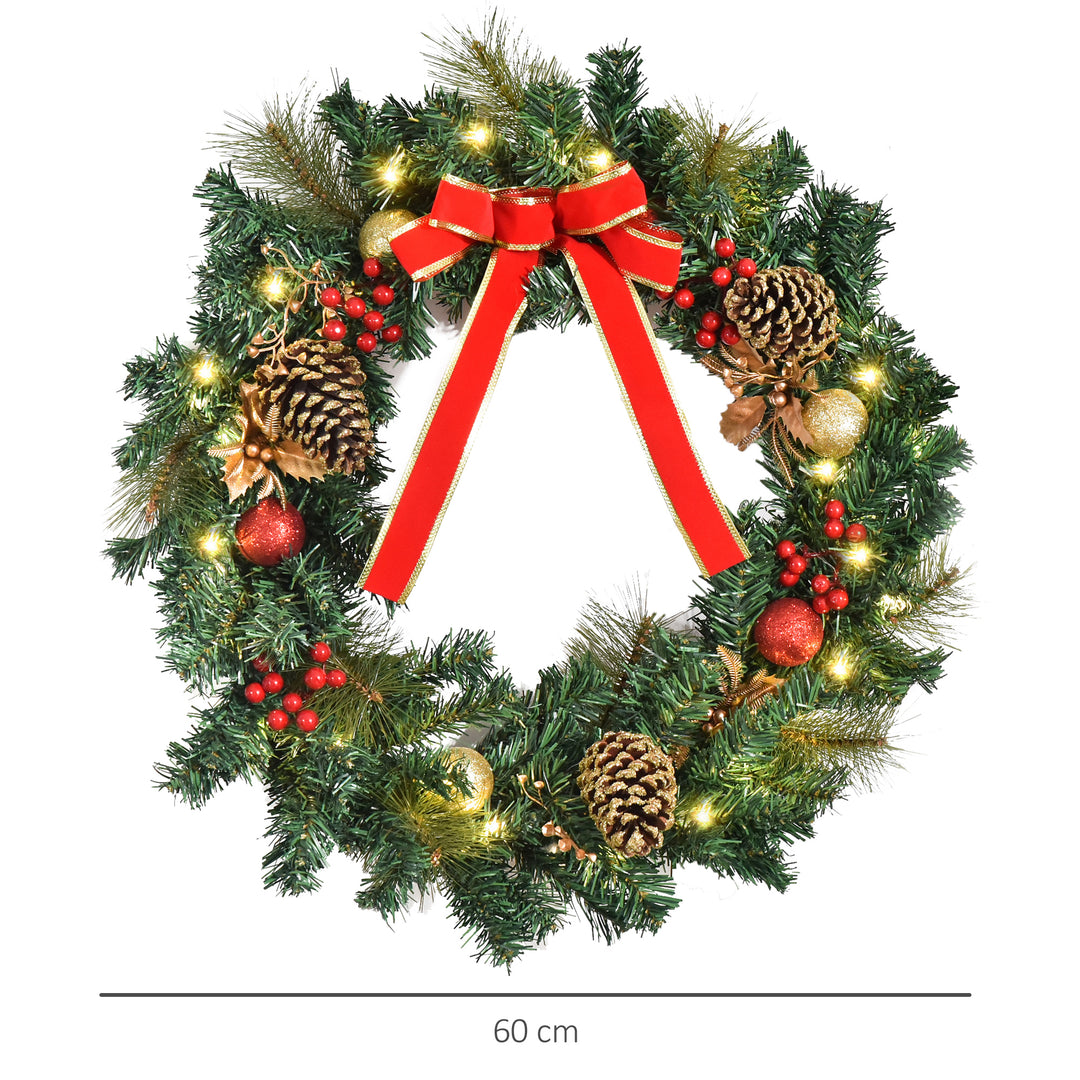 MCL 60cm Pre-Lit Artificial Christmas Door Wreath Holly LED Decor Pine Cones Hanging Glittered Festival Indoor Outdoor Decoration
