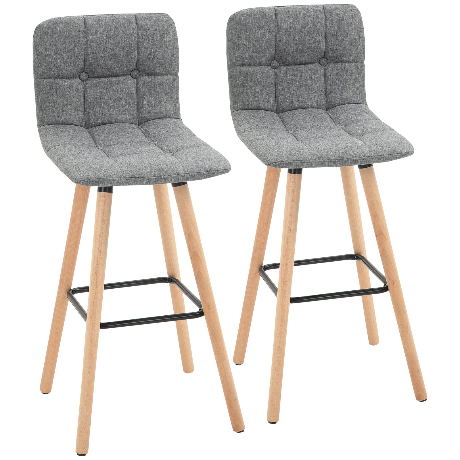 Breakfast Bar Stool Set of 2 Armless Button-Tufted Counter Height Bar Chairs with Wood Legs & Footrest, Grey