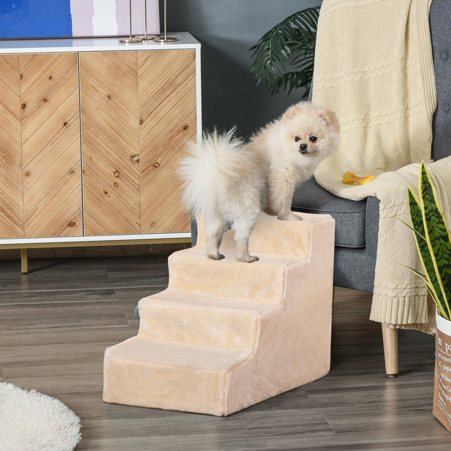 Four-Step Dog Stairs, with Washable Plush Cover, for High Bed Sofa, Dog Stairs for Small Dog and Cat - Beige