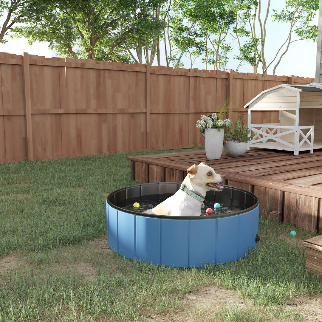 Dog Paddling Pool, Foldable Dog Pool, Leakproof & Hard Plastic, Portable Pet Bathtub with Non-Slip Base & Drainage Hole, for Indoors, Outdoors, Garden, Patio, 100 x 30 cm, Blue