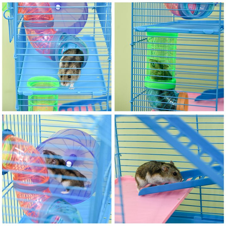 5 Tier Hamster Cage Carrier Habitat with Exercise Wheels Tunnel Tube Water Bottle Dishes House Ladder for Dwarf Mice, Blue