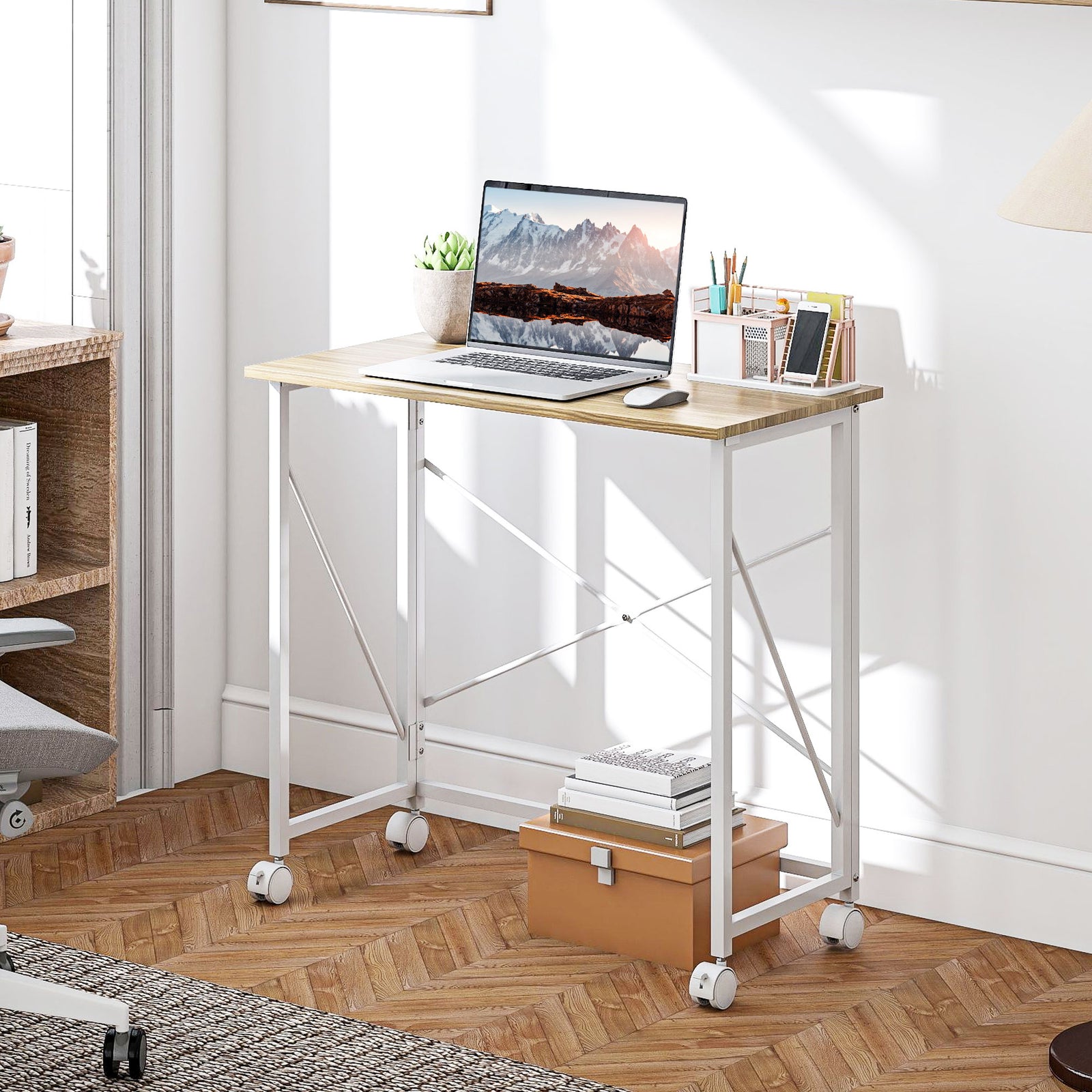 80 cm Folding Desk on Wheels - Natural Tone