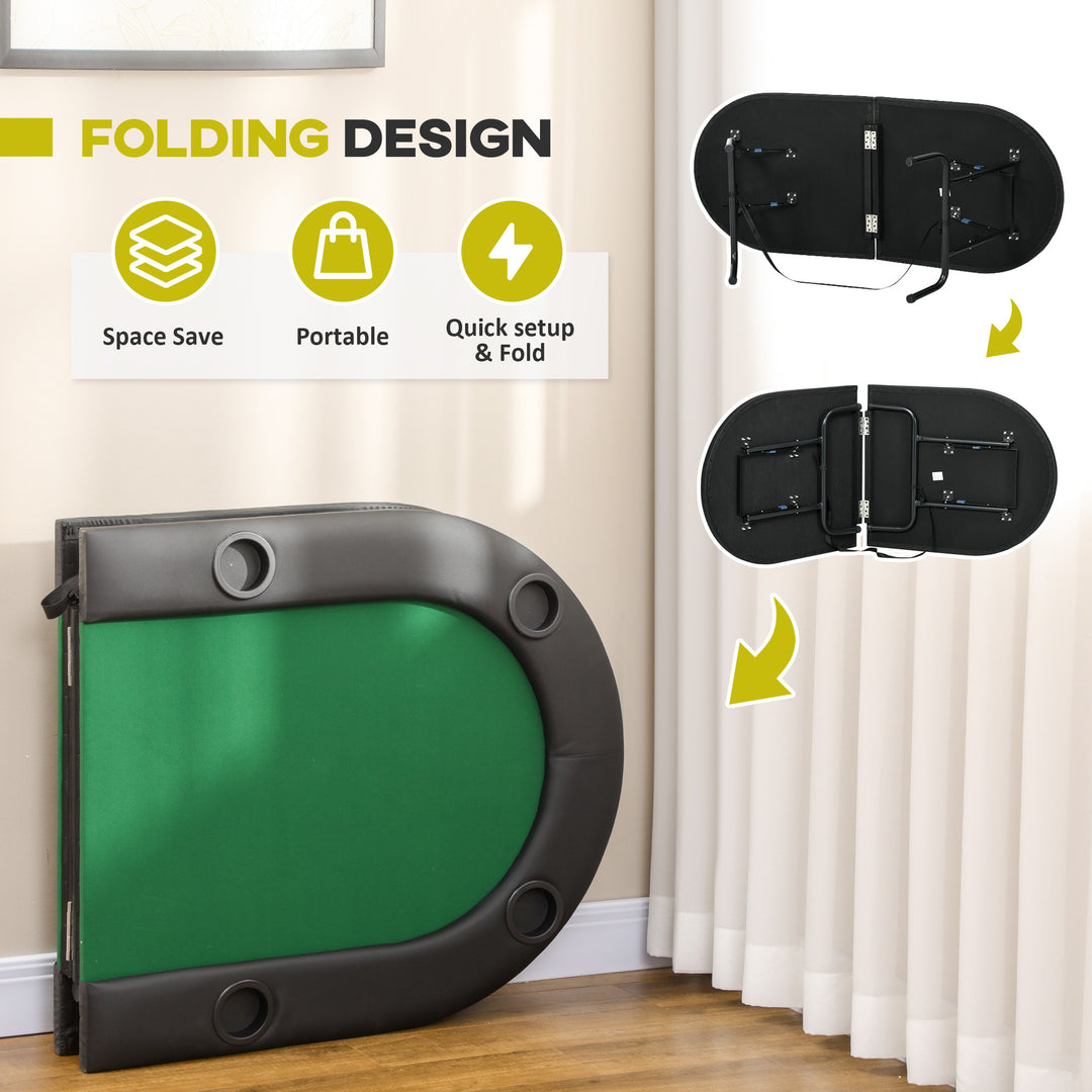 MCL 8 Player Folding Poker Table, Oval Portable Blackjack Casino Table with Cup Holder, Felt Top and Metal Base, 183 x 82 x 75cm, Green and Black