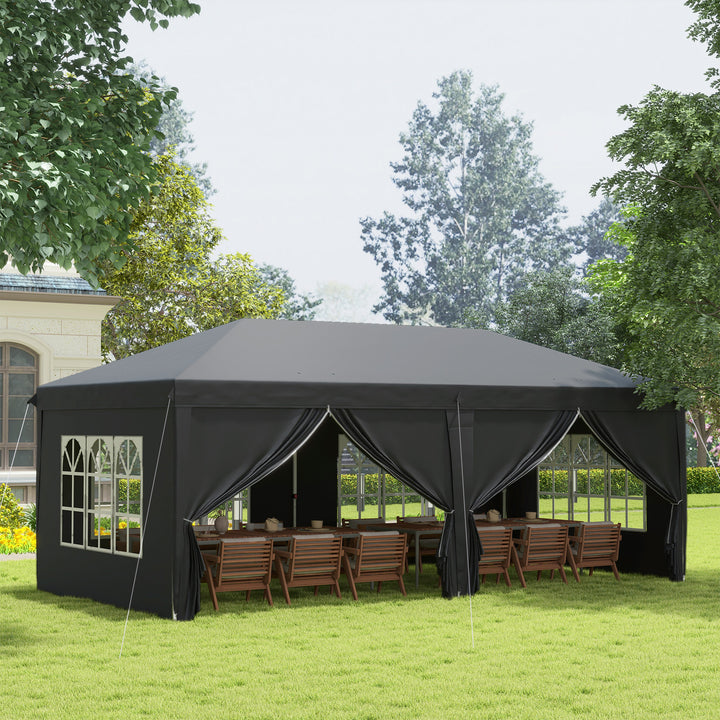 Outsunny 3 x 6 m Pop Up Gazebo with Sides and Windows, Height Adjustable Party Tent with Storage Bag for Garden, Camping, Event, Black | Aosom UK